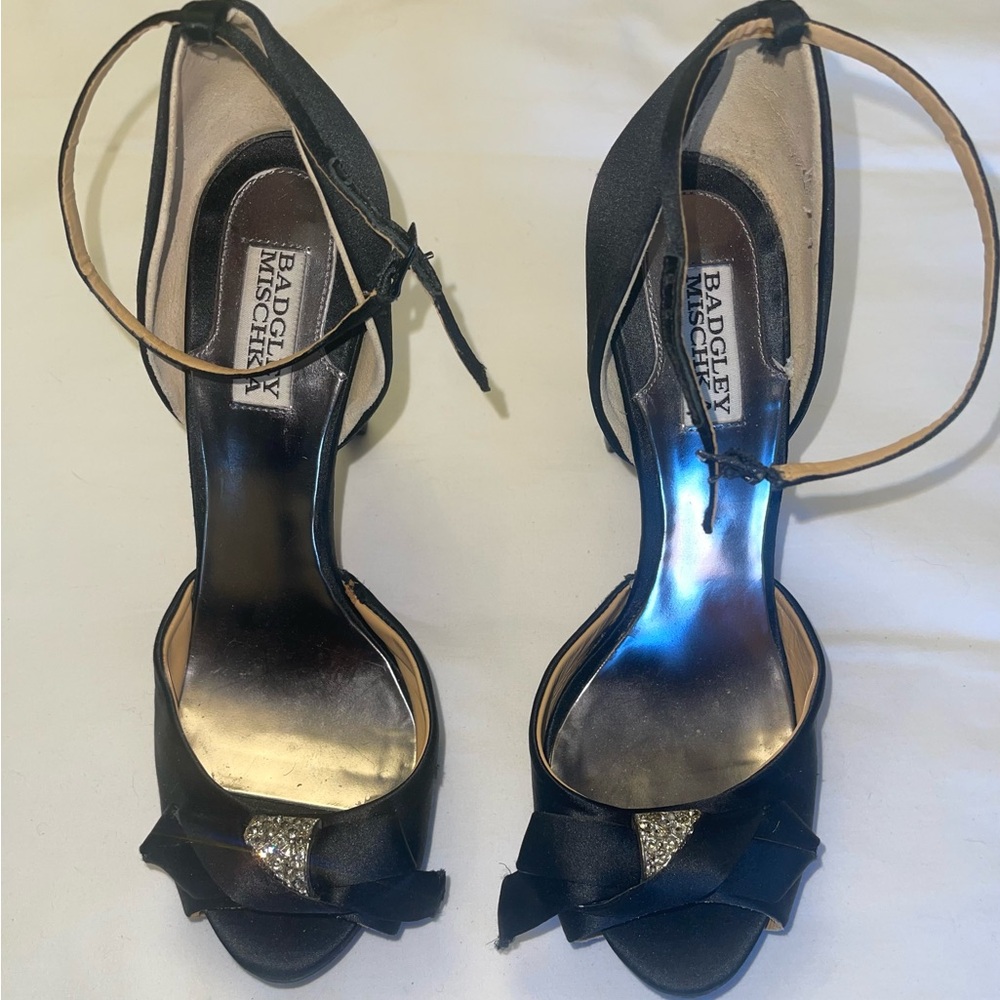 Badgley Mischka Black Satin Heels with Crystal Accent
